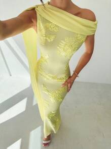 Firerie 女士优雅精致浪漫端庄舞会约会单肩超长披肩刺绣网眼紧身美人鱼黄色长裙 - 黃色 - 查看 5