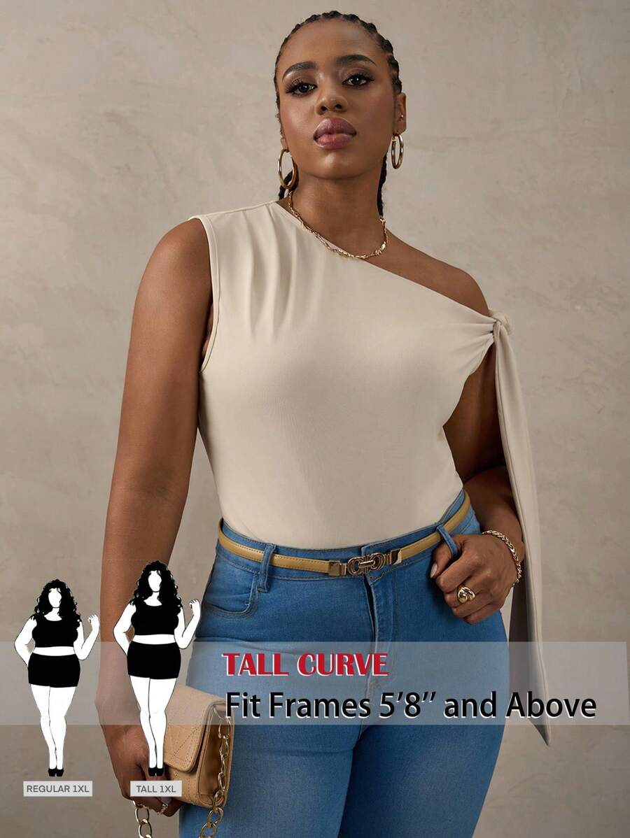 SHEIN Tall CURVE Áo dây buộc vai bất đối xứng cổ áo cỡ lớn, áo nữ thanh lịch mặc hàng ngày, hẹn hò, hộp đêm, tiệc tùng, câu lạc bộ, Halloween - Màu be - Xem 1