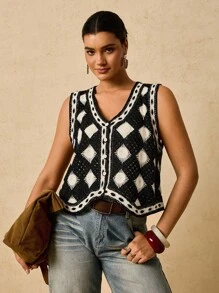 Travachic Áo len cardigan dệt kim họa tiết hoa nhiệt đới ngày lễ cỡ lớn cho nữ - Màu be - Xem 5