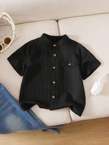 Sparklyn 男童休闲日常通勤简约纯色纽扣前短袖衬衫，夏季