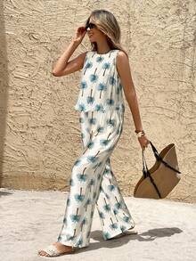 SHEIN Frenchy 2件套女士简约印花无袖上衣和裤子套装 - 藍色 - 查看 6