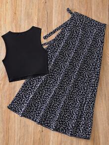 SHEIN Unity French Elegant Vintage Print Spring/Summer New One-Piece Waist Slimming Solid Color Crop Top & Skirt Set, Sexy Style For Women - Navy Blue - View 2