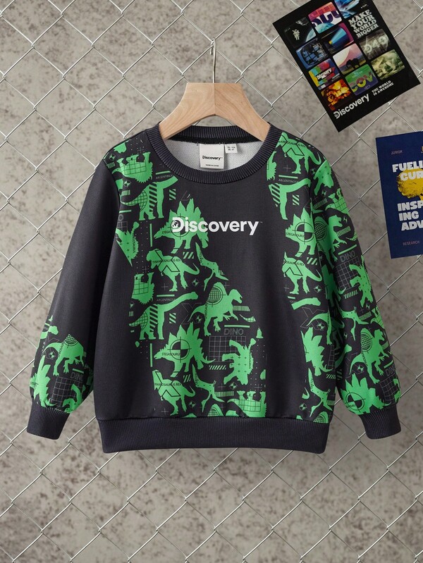 Discovery X SHEIN Sudadera de cuello redondo con estampado asimétrico de dinosaurios en parches y contraste de colores para niños pequeños, otoño/invierno