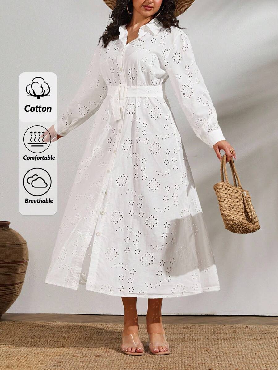 EURMUSE Women's Embroidered Floral Pattern Ruffle Hem Belted Long Dress Vacation, Casual, Chic, Swiss - White - View 1