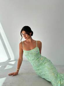 Firerie فستان سهرة أنيق للنساء مع تطريز بالترتر، حمالات رفيعة، سحاب، ظهر مكشوف، شق عالي في الذيل، مناسب للجسم، أزرق أخضر، مناسب للصيف والخريف