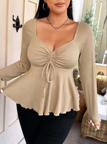 Vionelle Áo thun tay dài cổ đính đá Rhinestone cỡ lớn có dây rút phía trước - Màu be - Xem 5