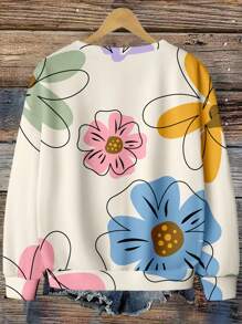 SHEIN LUNE 休闲彩色花卉图案圆领宽松女式运动衫，适合秋冬季花朵运动衫花卉运动衫可爱运动衫女士运动衫女士花朵上衣 - 彩色 - 查看 2