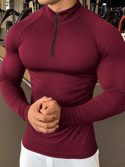 Manfinity Sport Corelite Herren Rot Langarm Stehkragen Sport T-Shirt aus dehnbarem Strickstoff, Langarm Gym Tops Herren Kompressionsshirts, Spandex Shirts Herren Gym Shirt, Enge Gym Shirts
