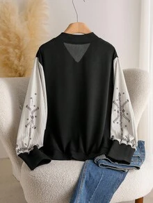 CosyJoli 大码休闲复古风格印花拼布撞色棒球夹克拉链大码外套女士休闲夹克拉链毛衣女士夹克休闲飞行员夹克女士长袖夹克女士飞行员夹克女士休闲秋冬 - 彩色 - 查看 2