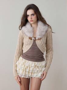 Fairycore Y2K Style Furry Collar Patchwork Inverted Triangle Hem Cropped Cardigan For Women - Khaki - View 1