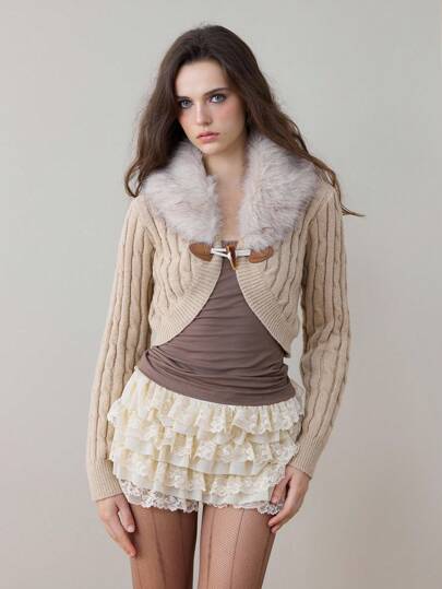 Fairycore Y2K Style Furry Collar Patchwork Inverted Triangle Hem Cropped Cardigan For Women