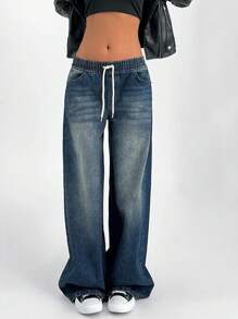 EURMUSE HIGH WAIST BAGGY VINTAGE WASH Y2K STYLE JEAN - Dark Wash - View 4