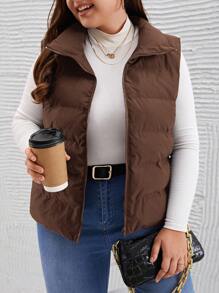 SHEIN LUNE Veste décontractée sans manches de couleur unie, grande taille, automne/hiver - Marron fonçé - Voir 1