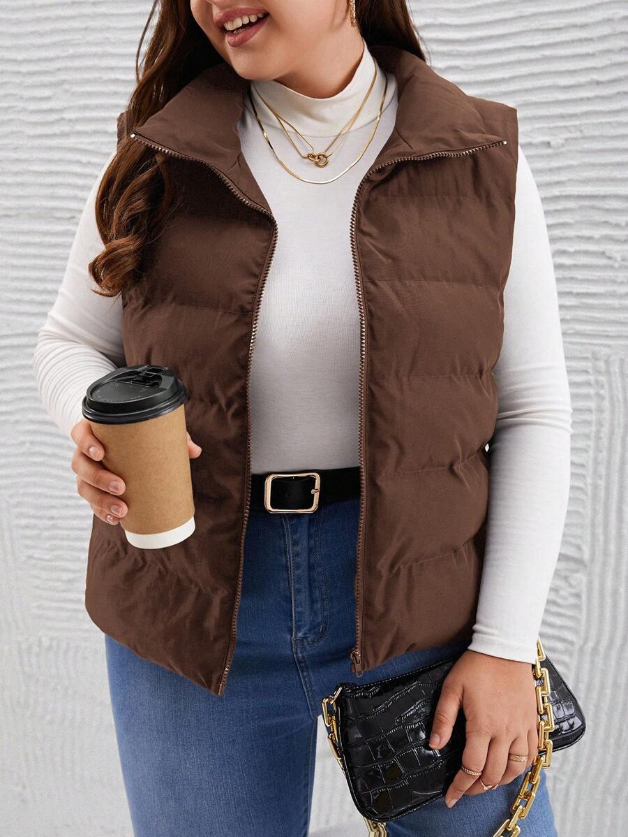 SHEIN LUNE Veste décontractée sans manches de couleur unie, grande taille, automne/hiver - Marron fonçé - Voir 1