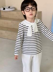 SHEIN Toddler Boys' Spring/Autumn Round Neck Long Sleeve Striped T-Shirt With Shawl Collar And Solid Color Pants Set, Versatile Outfit For Outdoor Play, Parties, Gatherings Chic Outfits For Autumn/Winter - White - View 3