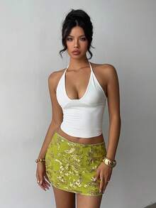 Aloruh Mini saia justa feminina, sexy e elegante, com cintura baixa e lantejoulas bordadas - Verde - Ver 3