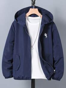 1 件男童休闲时尚简约连帽拉链夹克，带有马标志，适合日常穿着和通勤 - 藏蓝色 - 查看 1