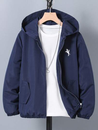 1 st. pojkars casual chic minimalistisk modehuvad jacka med dragkedja och hästlogotyp, lämplig för vardagsbruk och pendling