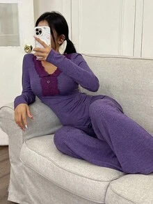 SHEIN 女士休闲紫色针织蕾丝拼布深 V 领长袖上衣和裤子睡衣套装，秋季服装 - 紫色 - 查看 4
