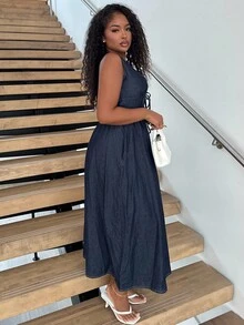 Alexandranx Women's Deep V Neck Sleeveless Casual Denim Wrap Dress - Blue - View 5