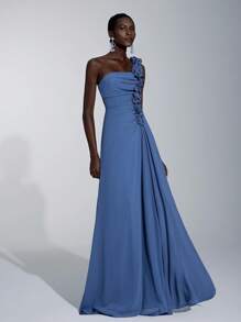 Elitara 不对称领口荷叶边伴娘礼服女士正式舞会礼服，优雅舞会晚会婚礼宾客礼服，毕业典礼、晚宴派对礼服 - 藍色 - 查看 7