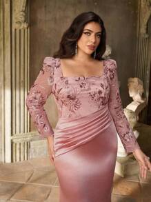 Aureia Vestido elegante, romántico y lujoso de talla grande con cuello cuadrado transparente, mangas largas, puños fruncidos, dobladillo de cola de pez con cola, adornado con bordados de loto rosa, cuentas y parches de satén elástico. Adecuado para fiestas de noche, citas, bailes de graduación, ceremonias de graduación y vestidos de gala formales (con mucho adorno) - Rosa vieja - Ver 7