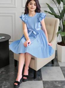Tween Girls' Double Layer Ruffle Sleeve And Pleated Hem Swing Dress,Holiday Summer Travel - Blue - View 1