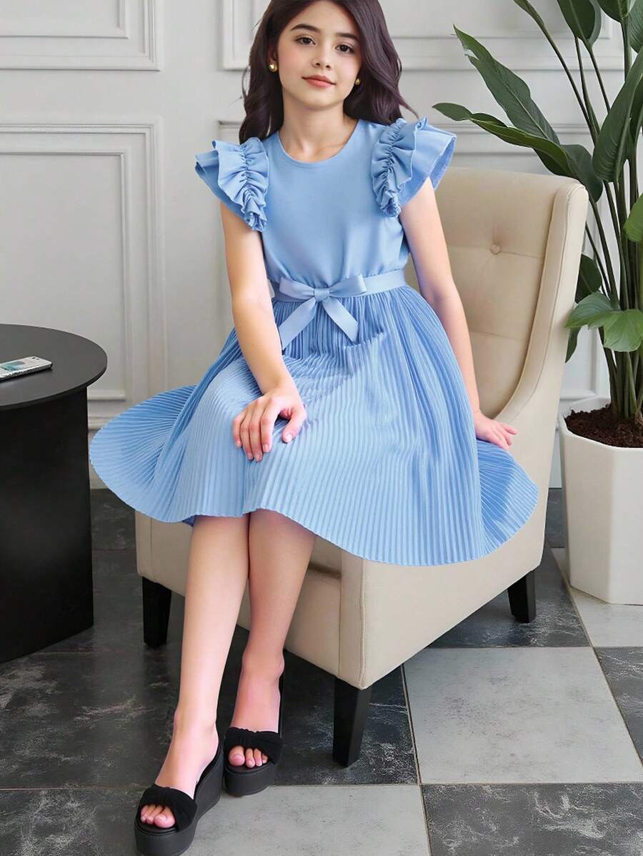 Tween Girls' Double Layer Ruffle Sleeve And Pleated Hem Swing Dress,Holiday Summer Travel - Blue - View 1
