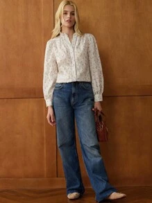 Écloséra Solid Color Floral Embroidered Long Sleeve Shirt, Spring/Autumn French Retro Three-Dimensional Lace Decoration Puff Sleeves Ruffles Small V Embroidery Printed Fabric Fall Women Clothes Long-Sleeved Teacher Shirts Going Out Tops Teacher Shirts Teacher Clothes - Apricot - View 6