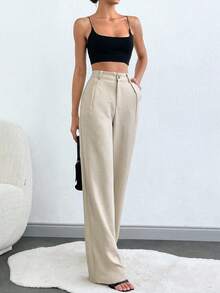 ZIRRA Women's Solid High Waist Pleated Straight Loose Casual Pants - Apricot - View 3