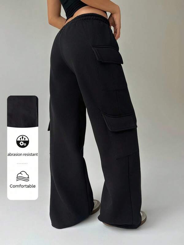 FavEase Women's Grey Low-Waist Drawstring Strappy Cargo Pockets Wide Leg Casual Sports Pants, Minimalist Streetwear, Autumn Graduation,Back To School Outfits,Graduation,Teacher Outfits For Women,Back To School