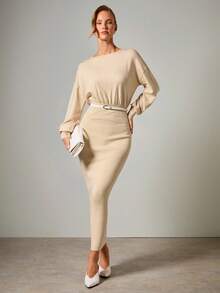 COSMINA Elegant Solid Color Fitted Long Knit Dress For Commuting - Apricot - View 4