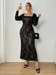 SHEIN PETITE CURVE 大码女式新款秋冬派对/约会/宴会性感S形蕾丝长袖罩杯束腰领修身及地长黑色连衣裙，女士夏季连衣裙，茶会连衣裙 - 黑色 - 查看 5