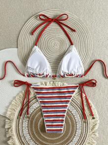 Swim Vcay Women's 2-Piece Textured Fabric Halter Neck Lace Trim Shell Decor Bikini Set Set, Sexy & Minimalist, Summer Beach Wear - Multicolor - View 6