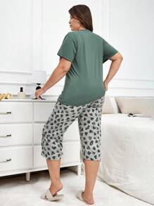 EURMUSE 100% 纯棉 2 件加大码布心印花睡衣套装 - 綠色 - 查看 2