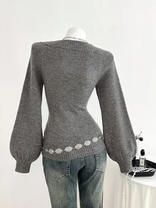 Elamini 女士休闲V领灯笼袖时尚毛衣