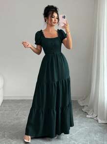 Elenzga 女士优雅长裙，独特领口，多层拼接，荷叶边饰边，修身设计/垂坠/多层/节日服装/波西米亚风/浪漫花卉/度假休闲/非洲连衣裙/女士非洲连衣裙/绷带连衣裙/伴娘礼服 - 墨綠色 - 查看 5