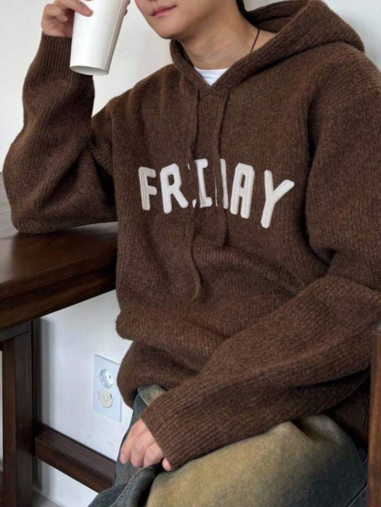 Men's Brown Applique Embroidery Hoodie Sweater, Autumn