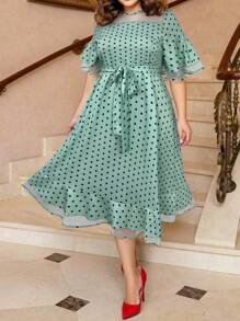 SHEIN Clasi Vestido de verano elegante de talla grande con parches de malla y estampado de lunares