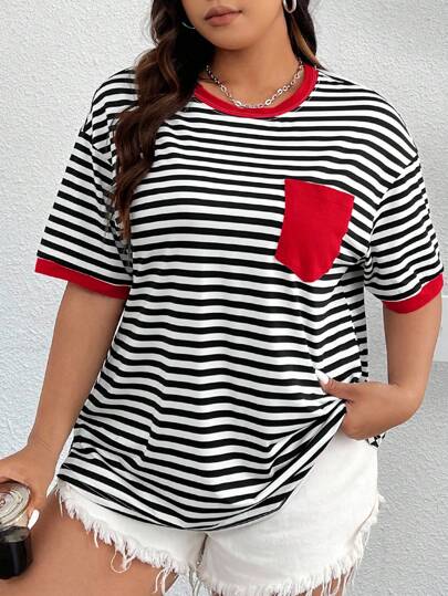 SHEIN EZwear Valentine's Day,Plus Size Women's Striped Sports Jersey T-Shirt With Pocket, Perfect For Summer, Fall, Back-To-School, Outdoor Activities, Indoor Leisure, Sports Events