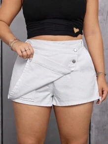 SHEIN EZwear Quần short denim cạp cao cổ điển cỡ lớn - trắng - Xem 4