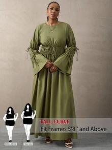 SHEIN Tall CURVE Váy Maxi Cotton Dáng Chữ A Dài Tay Loe Xếp Ly Buộc Cổ Tay Mới Mùa Thu, Đơn Giản & Thoải Mái, Mùa Thu/Đông - xanh quân đội - Xem 1