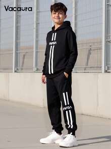 2pcs Teenager Autumn Hooded American Style Long Sleeve Graphic Print Hoodie & Drawstring Waist Casual Sweatpants Set Chic Outfits For Autumn/Winter Teen Boys Tracksuit Hoodie And Sweatpants Set Fall