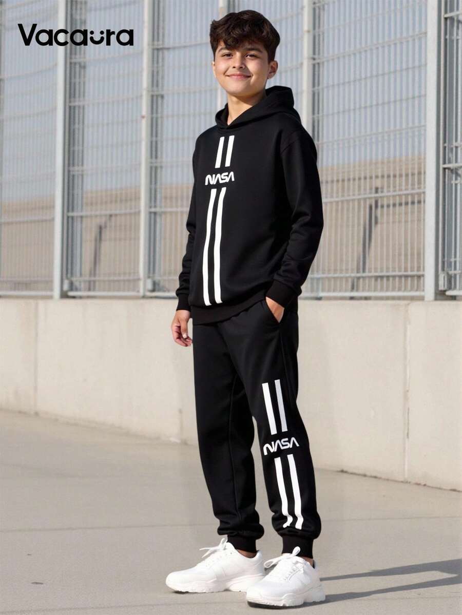 2pcs Teenager Autumn Hooded American Style Long Sleeve Graphic Print Hoodie & Drawstring Waist Casual Sweatpants Set Chic Outfits For Autumn/Winter Teen Boys Tracksuit Hoodie And Sweatpants Set Fall