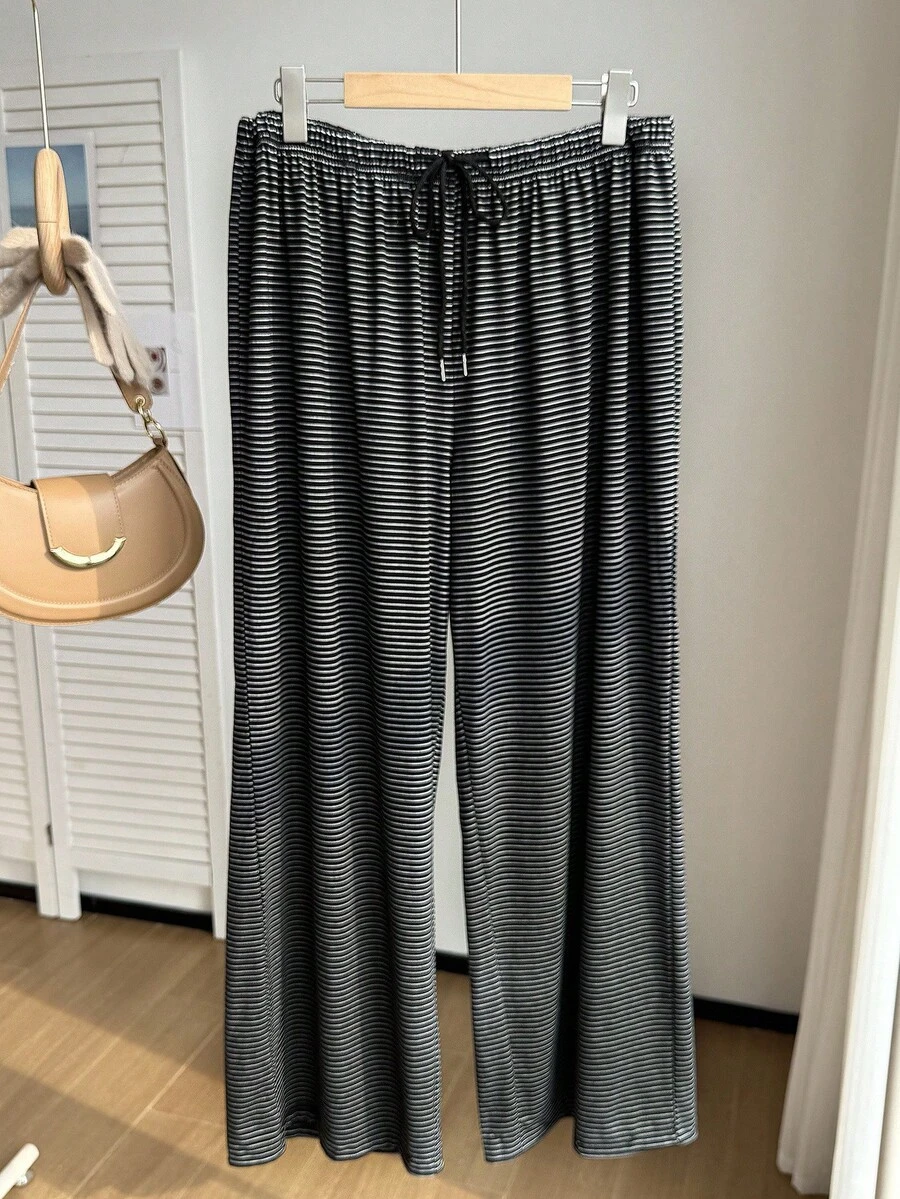 SHEIN EZwear Plus Size Black & White Striped Casual Drawstring Pants, Autumn/Winter Stripe Pants - Black and White - View 1