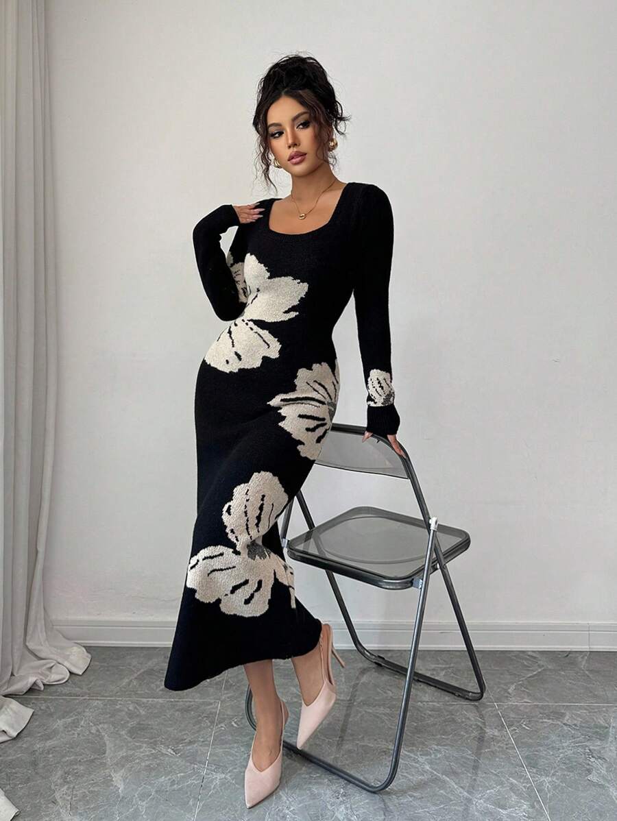 Elenzga Gaun Sweater Ketat Berkerah Persegi Rajut Jacquard untuk Wanita, Pakaian Musim Gugur dan Musim Dingin - Hitam - View 1