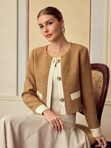 ZEYLAH 时尚简约长袖知性优雅拼布女式夹克 - 黃色 - 查看 1