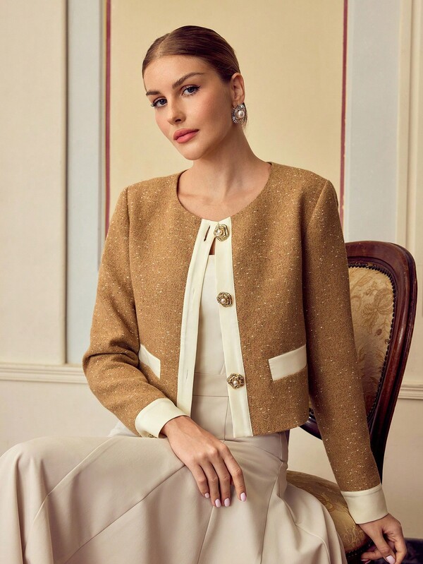 ZEYLAH Fashionable Minimalist Long Sleeve Intellectual Elegant Patchwork Women Jacket Fall Winter Cloth For Women