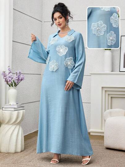 SHEIN Najma 女式宽松长袖蓝色阿拉伯风格串珠花卉连衣裙