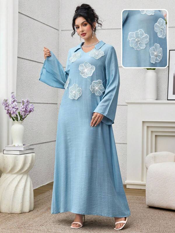 SHEIN Najma 女式宽松长袖蓝色阿拉伯风格串珠花卉连衣裙